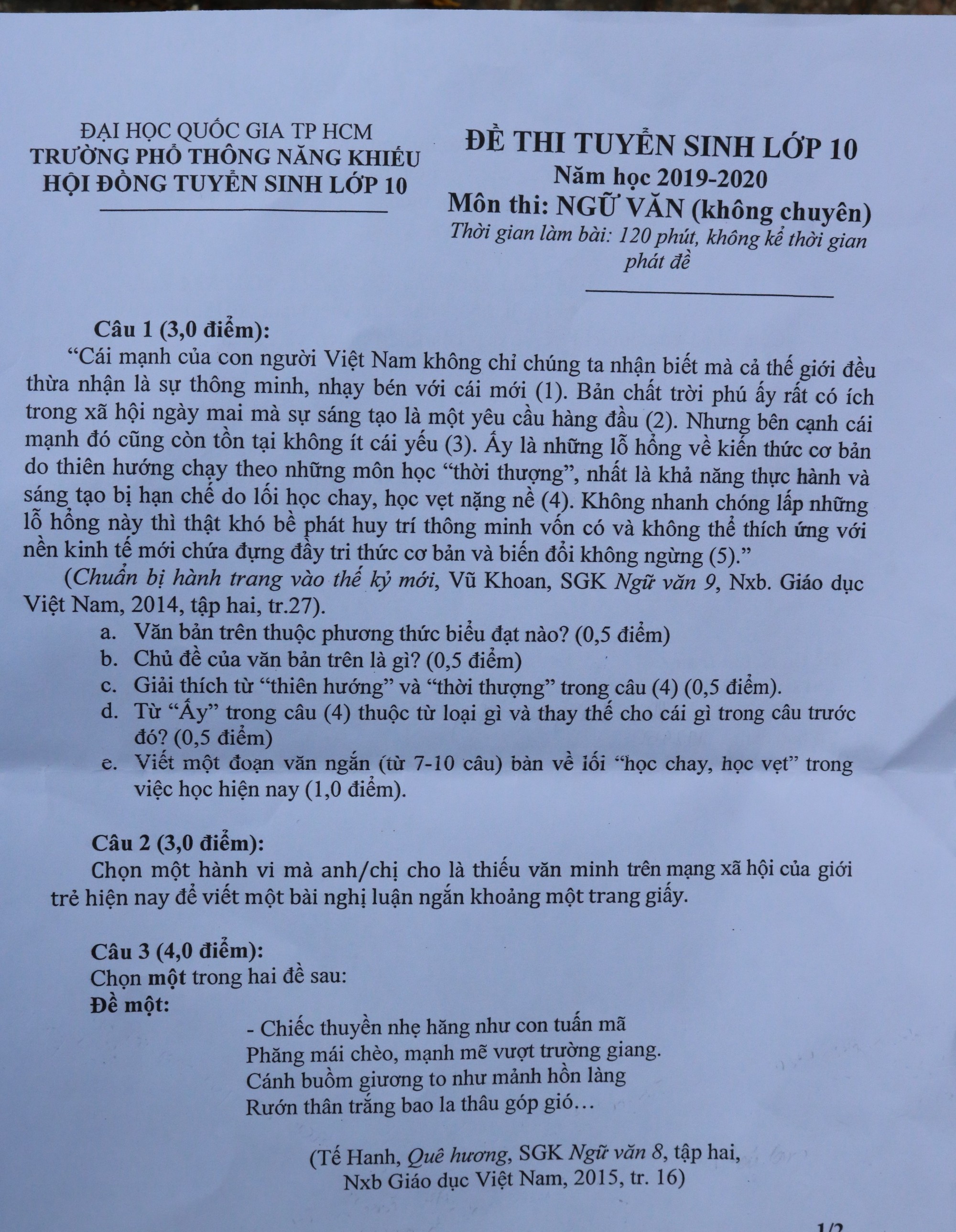 Gợi ý đáp án chi tiết đề thi vào lớp 10 môn Ngữ văn Trường Phổ thông Năng khiếu - Ảnh 1.