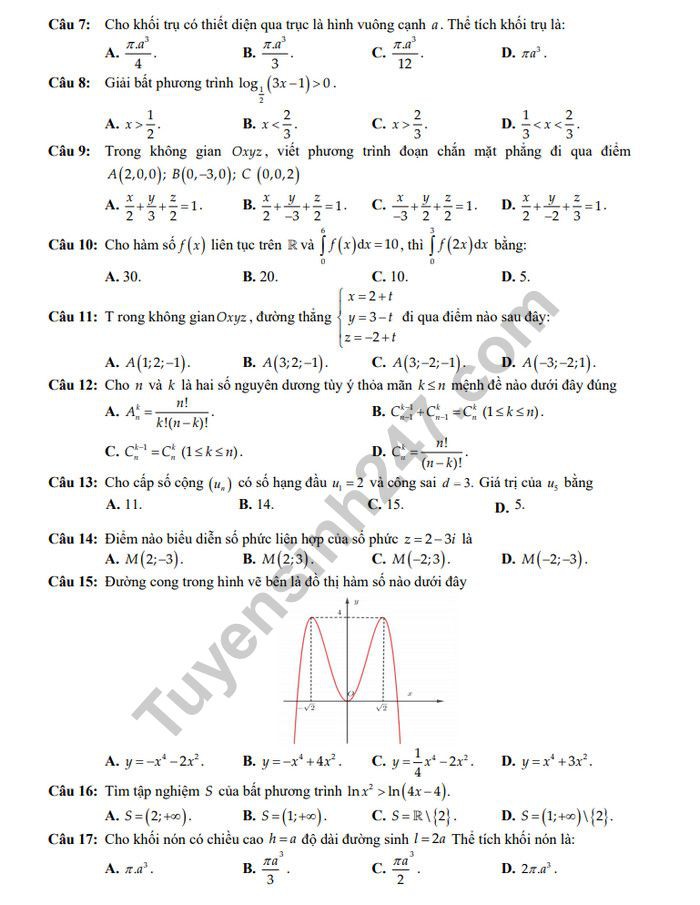 Đề thi thử THPT quốc gia 2019 môn Toán THPT Kĩ thuật Lệ Thủy lần 2 kèm đáp án - Ảnh 2.