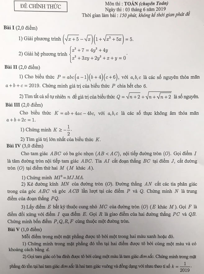 Đề Toán thi vào lớp 10 chuyên Hà Nội năm 2019 - Ảnh 1.