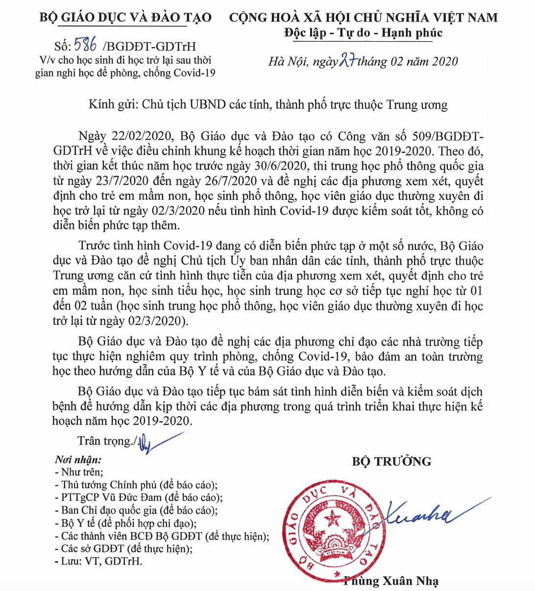 Bộ Giáo dục đề nghị cho học sinh từ mầm non đến lớp 9 nghỉ học thêm hai tuần - Ảnh 1.